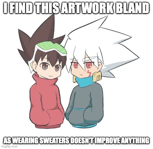 Geo and Solo in Sweaters | I FIND THIS ARTWORK BLAND; AS WEARING SWEATERS DOESN'T IMPROVE ANYTHING | image tagged in geo stelar,megaman,megaman star force,memes | made w/ Imgflip meme maker