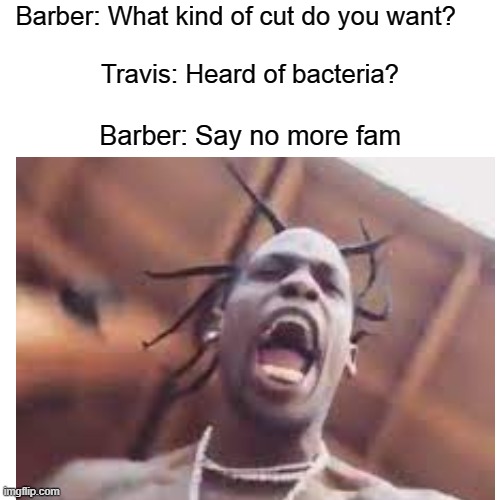 Lmao |  Barber: What kind of cut do you want?    
        
Travis: Heard of bacteria? Barber: Say no more fam | image tagged in bacteria,travis scott,barber,funny memes,meme,oh wow are you actually reading these tags | made w/ Imgflip meme maker