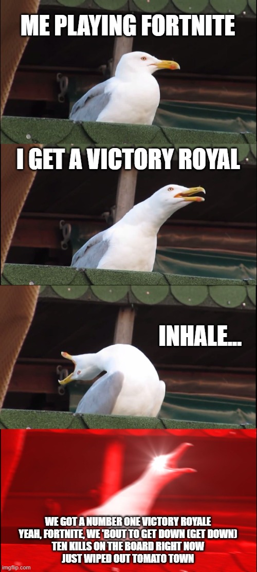 Inhaling Seagull Meme | ME PLAYING FORTNITE; I GET A VICTORY ROYAL; INHALE... WE GOT A NUMBER ONE VICTORY ROYALE
YEAH, FORTNITE, WE 'BOUT TO GET DOWN (GET DOWN)
TEN KILLS ON THE BOARD RIGHT NOW
JUST WIPED OUT TOMATO TOWN | image tagged in memes,inhaling seagull | made w/ Imgflip meme maker