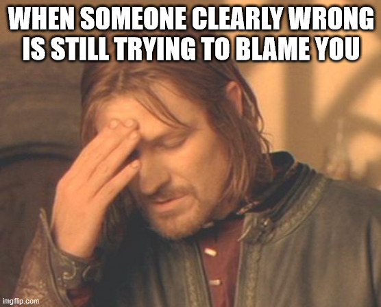 headache |  WHEN SOMEONE CLEARLY WRONG IS STILL TRYING TO BLAME YOU | image tagged in memes,frustrated boromir | made w/ Imgflip meme maker