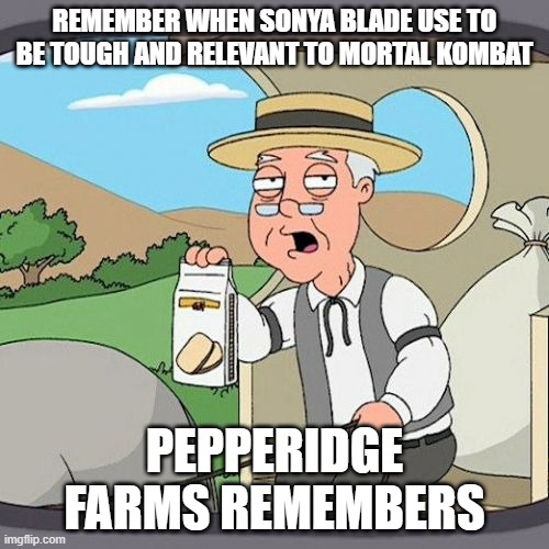 Pepperidge Farms Sonya Blade |  REMEMBER WHEN SONYA BLADE USE TO BE TOUGH AND RELEVANT TO MORTAL KOMBAT; PEPPERIDGE FARMS REMEMBERS | image tagged in memes,pepperidge farm remembers,video games,funny memes | made w/ Imgflip meme maker