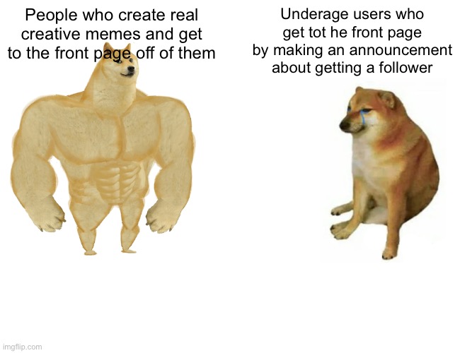 I’ve lost faith in the front page, even my crappy memes make it there | People who create real creative memes and get to the front page off of them; Underage users who get tot he front page by making an announcement about getting a follower | image tagged in memes,buff doge vs cheems | made w/ Imgflip meme maker