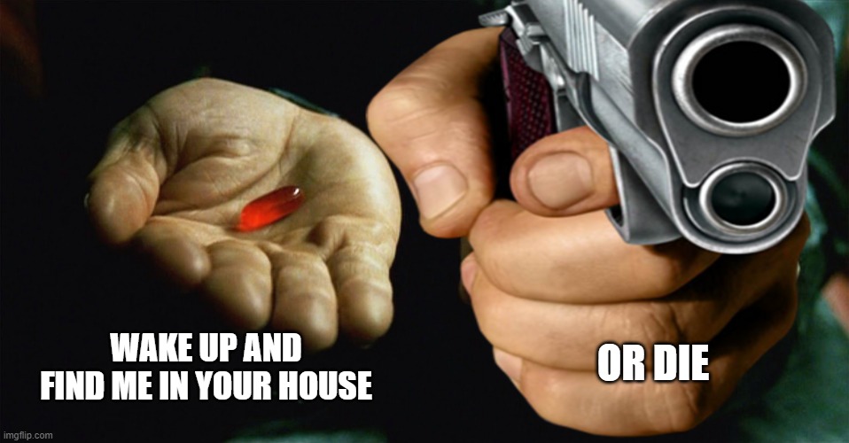 or die | OR DIE; WAKE UP AND FIND ME IN YOUR HOUSE | image tagged in red pill blue pill | made w/ Imgflip meme maker