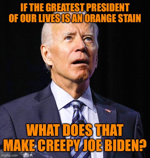 Donald Trump is the greatest President of my lifetime. Joe Biden, not so much | IF THE GREATEST PRESIDENT OF OUR LIVES IS AN ORANGE STAIN; WHAT DOES THAT MAKE CREEPY JOE BIDEN? | image tagged in joe biden | made w/ Imgflip meme maker
