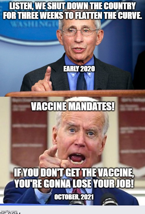 From "Flatten the Curve" to Losing Your Job in 18 Months. | LISTEN, WE SHUT DOWN THE COUNTRY FOR THREE WEEKS TO FLATTEN THE CURVE. EARLY 2020; VACCINE MANDATES! IF YOU DON'T GET THE VACCINE, YOU'RE GONNA LOSE YOUR JOB! OCTOBER, 2021 | image tagged in fauchi lecture,joe biden no malarkey,flatten the curve,covid-19,vaccine,vaccine mandate | made w/ Imgflip meme maker