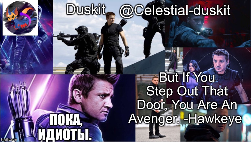 Duskit’s hawkeye temp | ПОКА, ИДИОТЫ. | image tagged in duskit s hawkeye temp | made w/ Imgflip meme maker