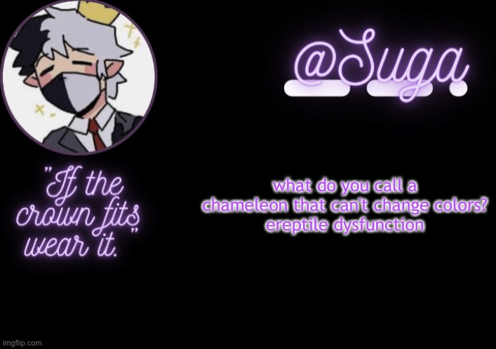 h u m o r¿ b r o k e n. | what do you call a chameleon that can't change colors?
ereptile dysfunction | image tagged in r a n b o o | made w/ Imgflip meme maker