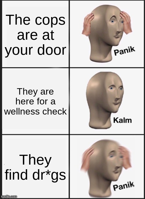 Panik Kalm Panik | The cops are at your door; They are here for a wellness check; They find dr*gs | image tagged in memes,panik kalm panik | made w/ Imgflip meme maker