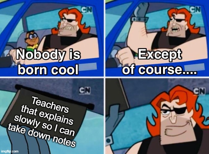Nobody is born cool | Teachers that explains slowly so I can take down notes | image tagged in nobody is born cool,memes,school | made w/ Imgflip meme maker