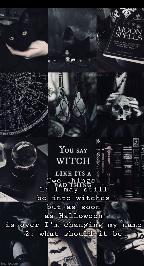 Willows template | Two things 
1: I may still be into witches but as soon as Halloween is over I'm changing my name
2: what should it be | image tagged in willows template | made w/ Imgflip meme maker