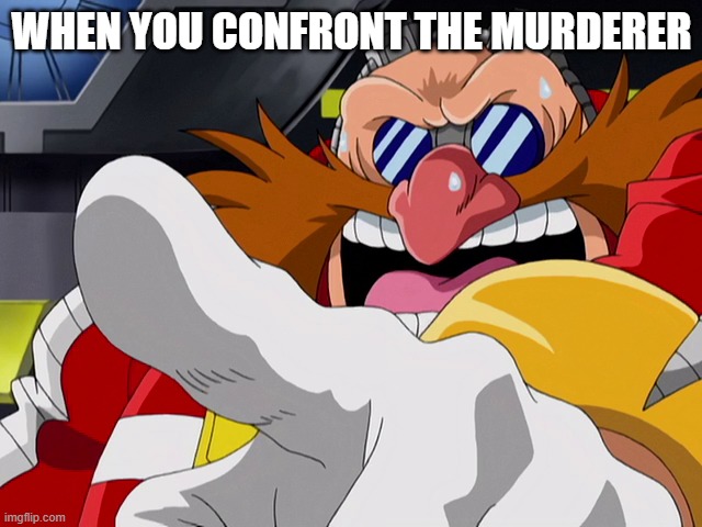 Eggman Pointing | WHEN YOU CONFRONT THE MURDERER | image tagged in eggman pointing | made w/ Imgflip meme maker