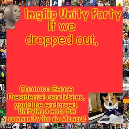 I love Dr.Strangmeme’ roleplay idea with the dilemma, and he was a great president, the best imo. | If we dropped out, Common Sense Presidental candidates, you’d be endorsed. | image tagged in imgflip unity party announcement | made w/ Imgflip meme maker