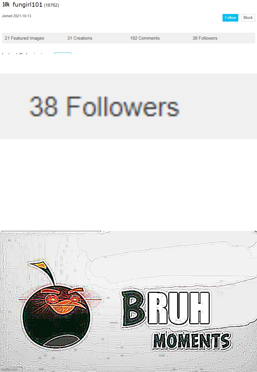 bruh she got 38 followers. | image tagged in bruh moments | made w/ Imgflip meme maker