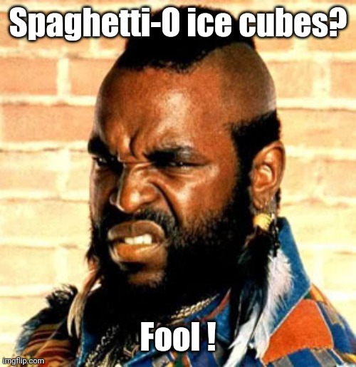 Mr T. sez | Spaghetti-O ice cubes? Fool ! | image tagged in mr t sez | made w/ Imgflip meme maker