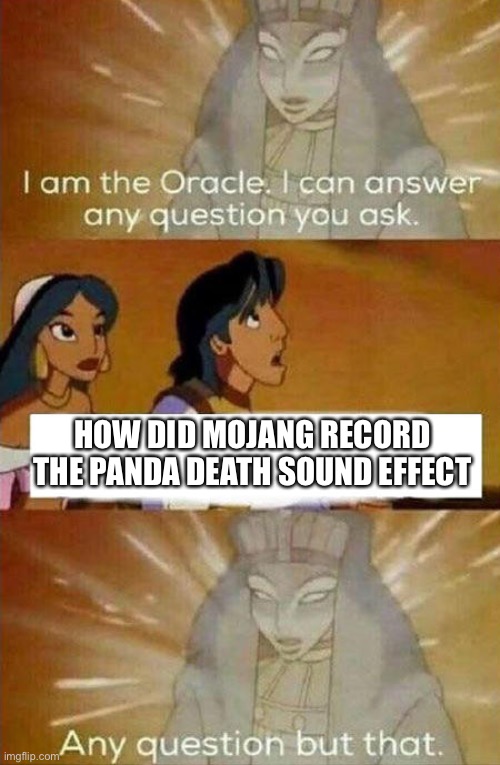 The Oracle won’t answer a certain question about Minecraft | HOW DID MOJANG RECORD THE PANDA DEATH SOUND EFFECT | image tagged in aladdin oracle | made w/ Imgflip meme maker