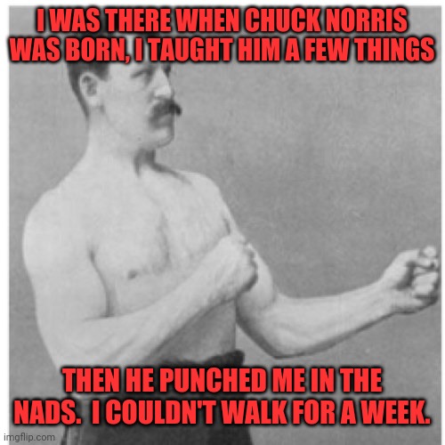 Overly Manly Man | I WAS THERE WHEN CHUCK NORRIS WAS BORN, I TAUGHT HIM A FEW THINGS; THEN HE PUNCHED ME IN THE NADS.  I COULDN'T WALK FOR A WEEK. | image tagged in memes,overly manly man | made w/ Imgflip meme maker