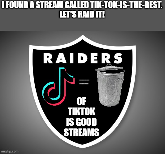 New stream to raid + NEW LOGO! | I FOUND A STREAM CALLED TIK-TOK-IS-THE-BEST.
LET'S RAID IT! OF TIKTOK IS GOOD STREAMS | image tagged in memes,raiders,tiktok sucks,trash can,just do it,oh wow are you actually reading these tags | made w/ Imgflip meme maker