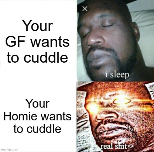 Homie | Your GF wants to cuddle; Your Homie wants to cuddle | image tagged in memes,sleeping shaq | made w/ Imgflip meme maker