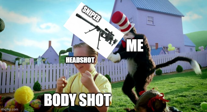 Phantom forces original meme | SNIPER; ME; HEADSHOT; BODY SHOT | image tagged in cat in the hat with a bat ______ colorized | made w/ Imgflip meme maker