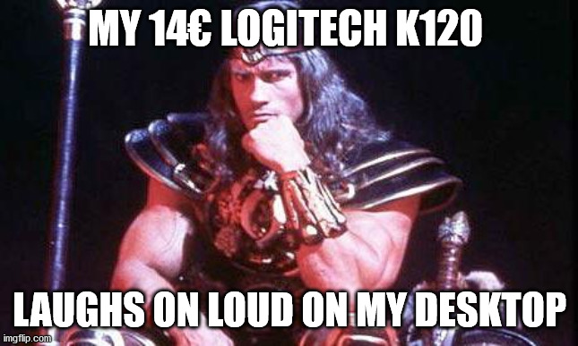 logitech k120 |  MY 14€ LOGITECH K120; LAUGHS ON LOUD ON MY DESKTOP | image tagged in conan | made w/ Imgflip meme maker