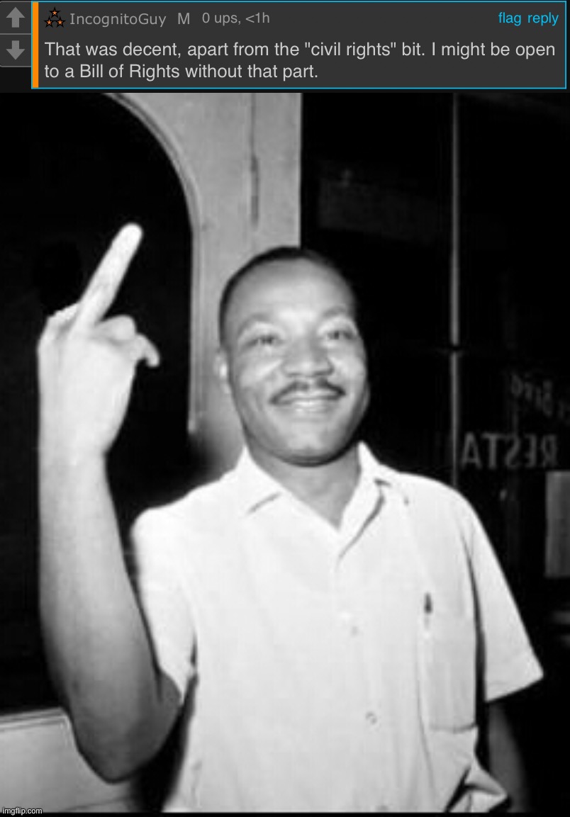 [MLK issues a vulgar yet unmistakable and instantly recognizable non-verbal reply] | image tagged in ig,really,says,the,darndest,things | made w/ Imgflip meme maker