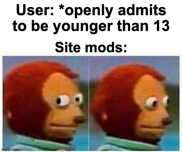 Mods are violating their own rule. | User: *openly admits to be younger than 13; Site mods: | image tagged in memes,monkey puppet | made w/ Imgflip meme maker