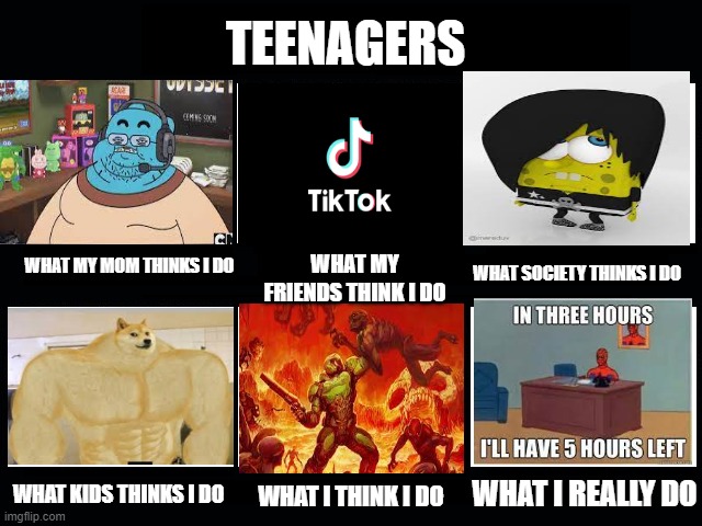 What i really do (I had to do this for school) | TEENAGERS; WHAT MY FRIENDS THINK I DO; WHAT SOCIETY THINKS I DO; WHAT MY MOM THINKS I DO; WHAT KIDS THINKS I DO; WHAT I THINK I DO; WHAT I REALLY DO | image tagged in what my friends think i do | made w/ Imgflip meme maker