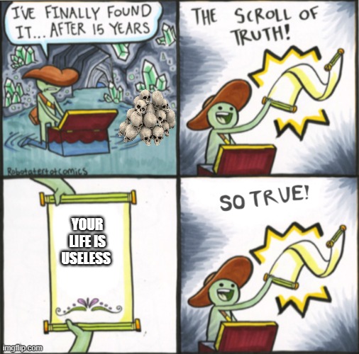 15 years!! I would never do this | YOUR LIFE IS USELESS | image tagged in the real scroll of truth,stupid,idiot | made w/ Imgflip meme maker