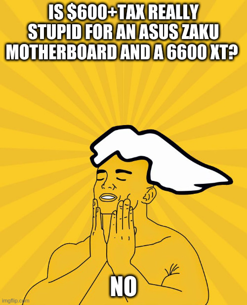 PC Master Race - Feels Good | IS $600+TAX REALLY STUPID FOR AN ASUS ZAKU MOTHERBOARD AND A 6600 XT? NO | image tagged in pc master race - feels good | made w/ Imgflip meme maker