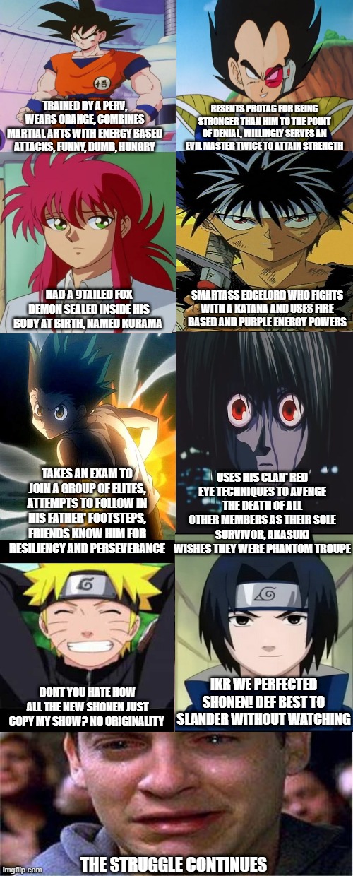 every show is naruto | RESENTS PROTAG FOR BEING STRONGER THAN HIM TO THE POINT OF DENIAL, WILLINGLY SERVES AN EVIL MASTER TWICE TO ATTAIN STRENGTH; TRAINED BY A PERV, WEARS ORANGE, COMBINES MARTIAL ARTS WITH ENERGY BASED ATTACKS, FUNNY, DUMB, HUNGRY; SMARTASS EDGELORD WHO FIGHTS WITH A KATANA AND USES FIRE BASED AND PURPLE ENERGY POWERS; HAD A 9TAILED FOX DEMON SEALED INSIDE HIS BODY AT BIRTH, NAMED KURAMA; USES HIS CLAN' RED EYE TECHNIQUES TO AVENGE THE DEATH OF ALL OTHER MEMBERS AS THEIR SOLE SURVIVOR, AKASUKI WISHES THEY WERE PHANTOM TROUPE; TAKES AN EXAM TO JOIN A GROUP OF ELITES, ATTEMPTS TO FOLLOW IN HIS FATHER' FOOTSTEPS, FRIENDS KNOW HIM FOR RESILIENCY AND PERSEVERANCE; IKR WE PERFECTED SHONEN! DEF BEST TO SLANDER WITHOUT WATCHING; DONT YOU HATE HOW ALL THE NEW SHONEN JUST COPY MY SHOW? NO ORIGINALITY; THE STRUGGLE CONTINUES | image tagged in memes,naruto,dragon ball z,hunter x hunter | made w/ Imgflip meme maker