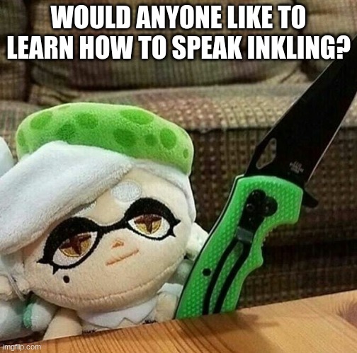 Im up for lessons | WOULD ANYONE LIKE TO LEARN HOW TO SPEAK INKLING? | image tagged in marie plush with a knife | made w/ Imgflip meme maker