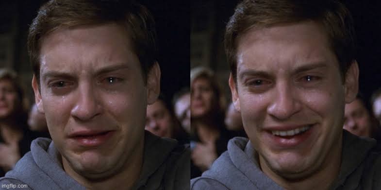 Toby Maguire Crying and Laughing | image tagged in toby maguire crying and laughing | made w/ Imgflip meme maker