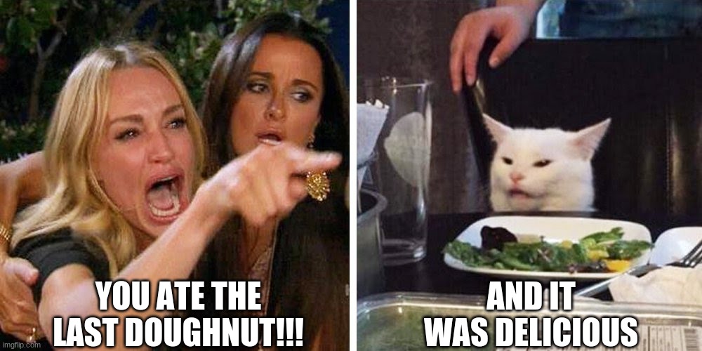 Smudge the cat | YOU ATE THE LAST DOUGHNUT!!! AND IT WAS DELICIOUS | image tagged in smudge the cat | made w/ Imgflip meme maker