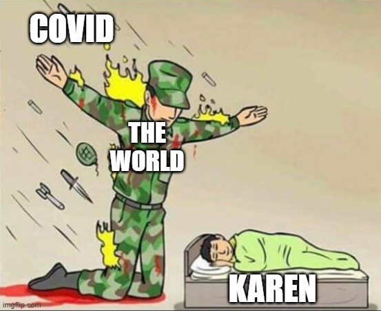 COVID | COVID; THE WORLD; KAREN | image tagged in soldier protecting sleeping child | made w/ Imgflip meme maker