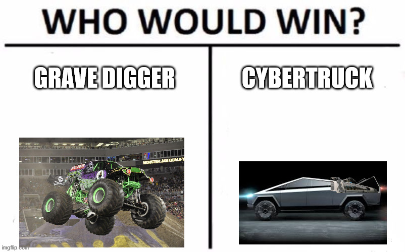  GRAVE DIGGER; CYBERTRUCK | image tagged in who would win | made w/ Imgflip meme maker