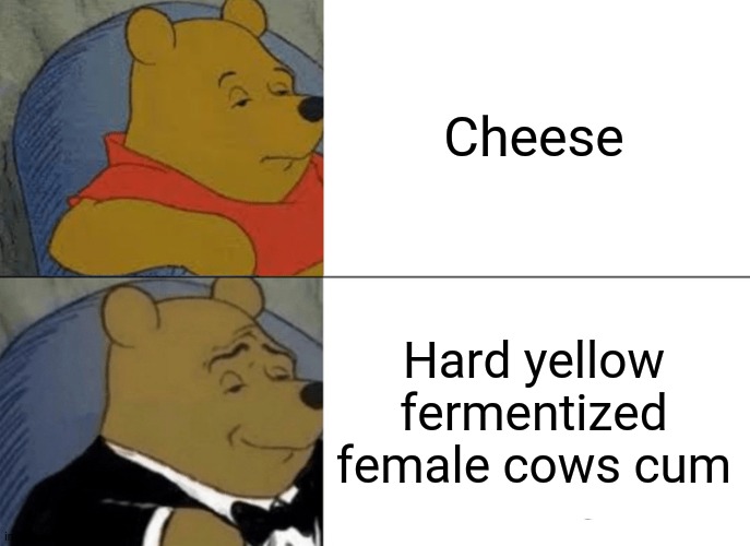 Tuxedo Winnie The Pooh Meme | Cheese; Hard yellow fermentized female cows cum | image tagged in memes,tuxedo winnie the pooh | made w/ Imgflip meme maker