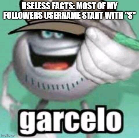 yeah you already know why. | USELESS FACTS: MOST OF MY FOLLOWERS USERNAME START WITH "S" | image tagged in garcelo | made w/ Imgflip meme maker
