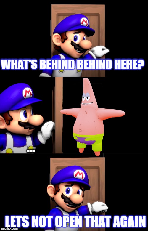Smg4 door with no text | WHAT'S BEHIND BEHIND HERE? ... LETS NOT OPEN THAT AGAIN | image tagged in smg4 door with no text | made w/ Imgflip meme maker