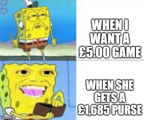 moms | WHEN I WANT A £5.00 GAME; WHEN SHE GETS A £1,685 PURSE | image tagged in moms | made w/ Imgflip meme maker