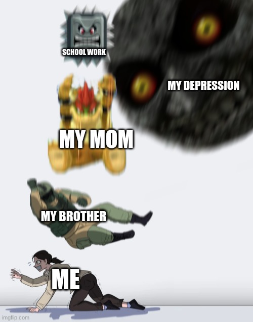 bruh |  SCHOOL WORK; MY DEPRESSION; MY MOM; MY BROTHER; ME | image tagged in crushing combo | made w/ Imgflip meme maker