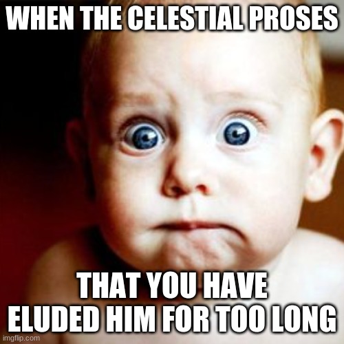 celestial, prose and elude | WHEN THE CELESTIAL PROSES; THAT YOU HAVE ELUDED HIM FOR TOO LONG | image tagged in vocab words | made w/ Imgflip meme maker