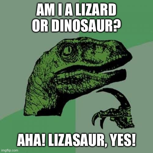 Prehistoric pondering. | AM I A LIZARD OR DINOSAUR? AHA! LIZASAUR, YES! | image tagged in memes,philosoraptor | made w/ Imgflip meme maker