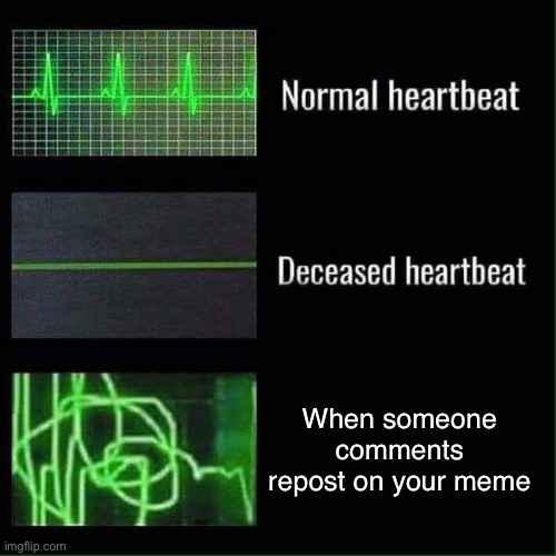 Especially in the fun stream | When someone comments repost on your meme | image tagged in heart beat meme | made w/ Imgflip meme maker