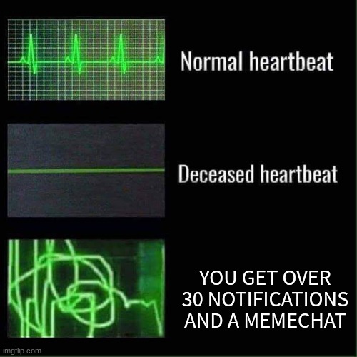 pain | YOU GET OVER 30 NOTIFICATIONS AND A MEMECHAT | image tagged in heart beat meme | made w/ Imgflip meme maker