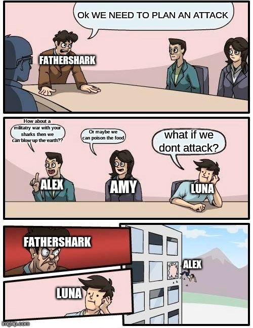 Every day for them | Ok WE NEED TO PLAN AN ATTACK; FATHERSHARK; How about a militatry war with your sharks then we can blow up the earth?? Or maybe we can poison the food; what if we dont attack? ALEX; AMY; LUNA; FATHERSHARK; ALEX; LUNA | image tagged in memes,boardroom meeting suggestion | made w/ Imgflip meme maker
