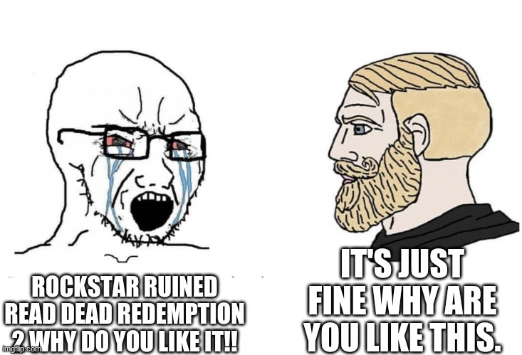 Soyboy Vs Yes Chad | IT'S JUST FINE WHY ARE YOU LIKE THIS. ROCKSTAR RUINED READ DEAD REDEMPTION 2 WHY DO YOU LIKE IT!! | image tagged in soyboy vs yes chad | made w/ Imgflip meme maker