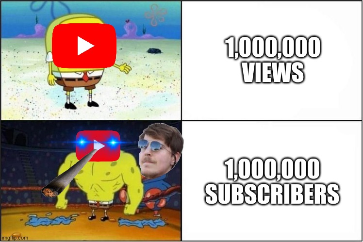 YouTubers be like: | 1,000,000 VIEWS; 1,000,000 SUBSCRIBERS | image tagged in weak vs strong spongebob,youtube,subscribe,views | made w/ Imgflip meme maker