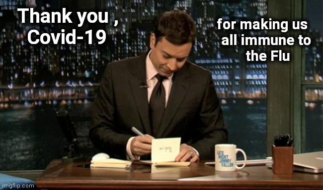 Thank you Notes Jimmy Fallon | Thank you ,
    Covid-19 for making us 
all immune to
the Flu | image tagged in thank you notes jimmy fallon | made w/ Imgflip meme maker