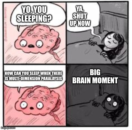 Big brain | YA, SHUT UP NOW; YO, YOU SLEEPING? BIG BRAIN MOMENT; HOW CAN YOU SLEEP WHEN THERE IS MULTI-DIMENSION PARALAYSIS | image tagged in big brain | made w/ Imgflip meme maker