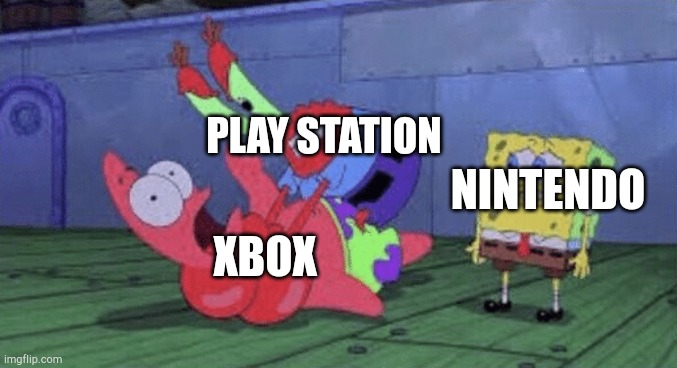 Console wars | PLAY STATION; NINTENDO; XBOX | image tagged in mr krabs choking patrick,xbox,ps5,playstation,nintendo | made w/ Imgflip meme maker